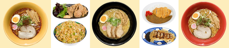 Aka Oni Ramen, Kara-age, Fried Rice, Miso Tonkotsu Ramen, Curry Pork Cutlet, Gyoza, Thai Shoyu Ramen