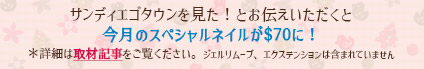 サンディエゴタウンを見た！とお伝え頂くと今月のネイルが$70に！